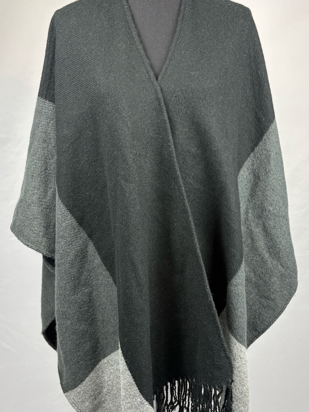 Echo Black and Gray Colorblock Fringe Poncho